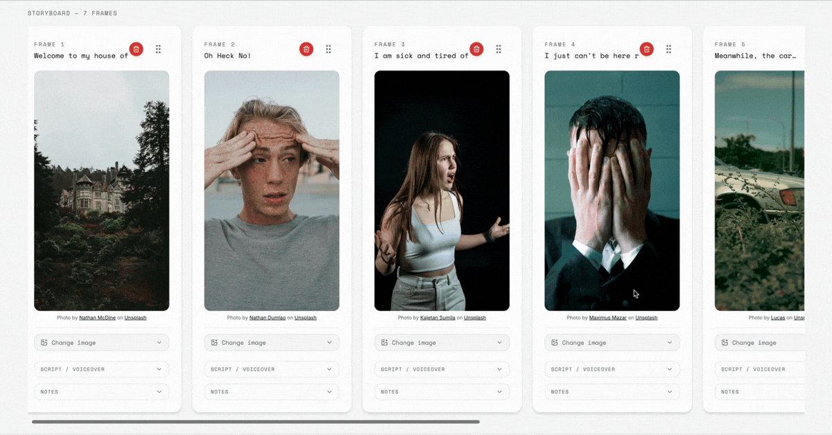 Storyboard view: scroll through frames, script, and notes for each shot
