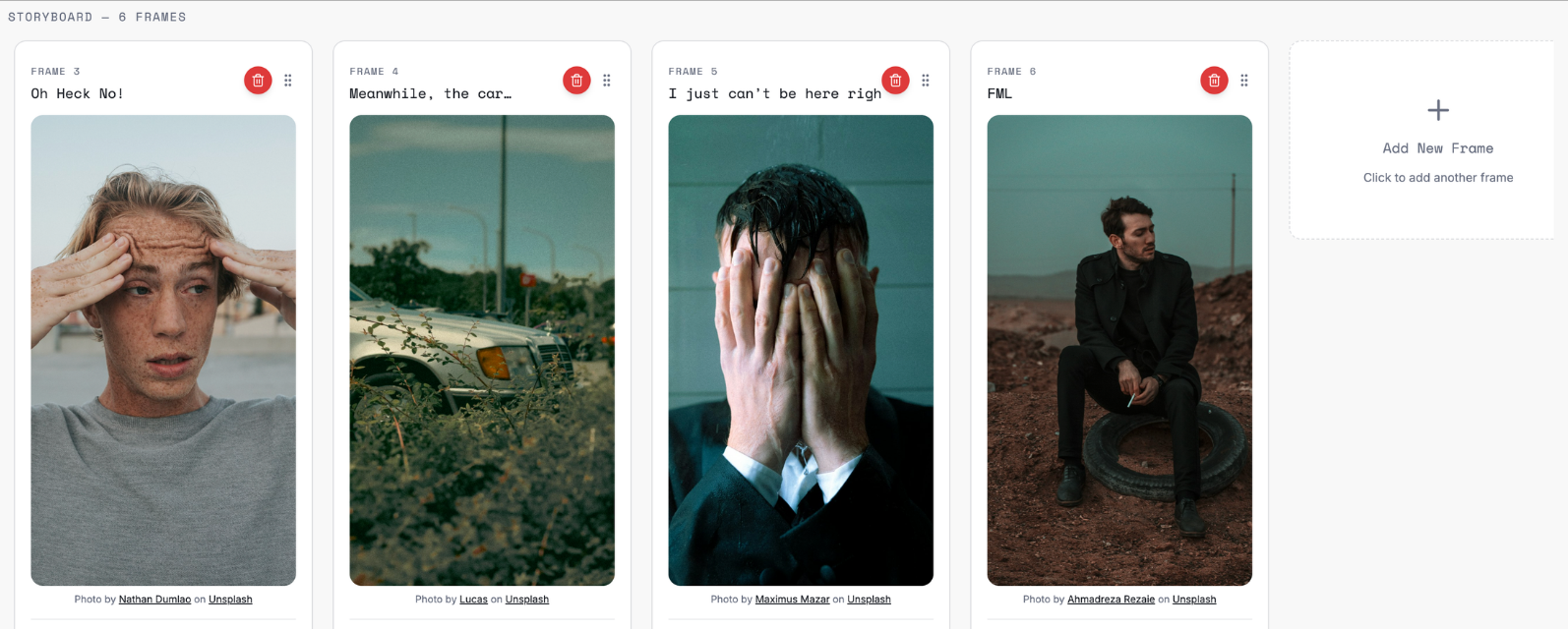 Storyboard editor with frames, script, and notes per frame